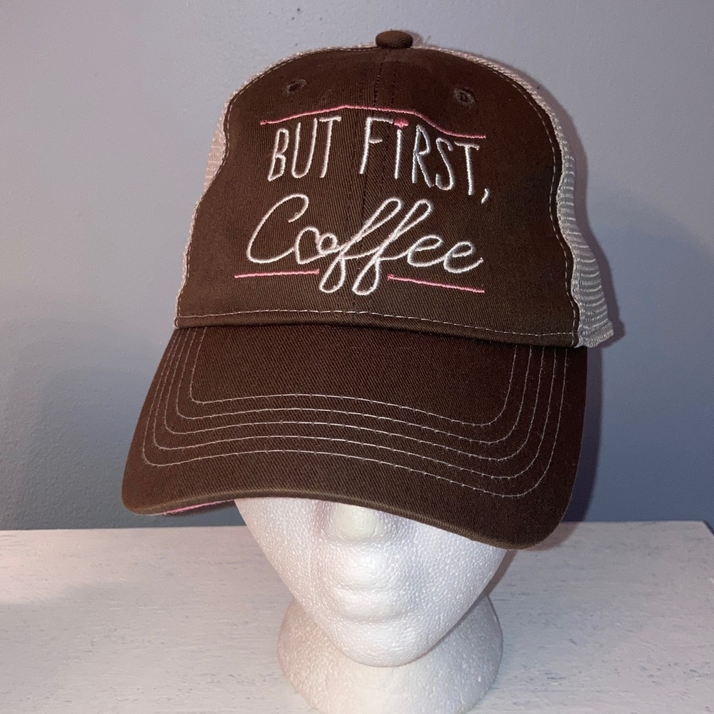 Women’s Infinity But First Coffee Canvas Mesh Back Trucker Hat OSFM
